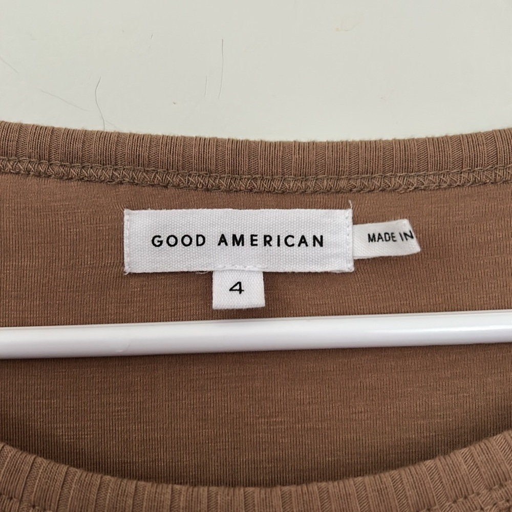 GOOD AMERICAN size 4 XL Shirt Sleeve Ribbed Flare Hem Midi Dress Tan Lined - Picture 6 of 6